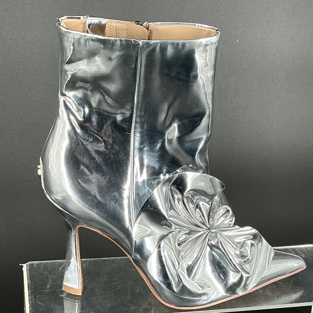 Sam Edelman Size 8 Silver Metallic Pointed Ankle Bootie Bow Stiletto Boots Esmae - Picture 3 of 14